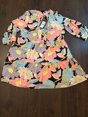 Girls' Black Floral Tiered Dress with Pink, Blue & Lavender Blooms